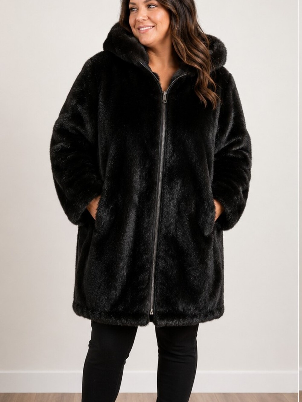 Women’s 2X Black Genuine Leather Reversible Coat Faux Fur Hooded Long Winter